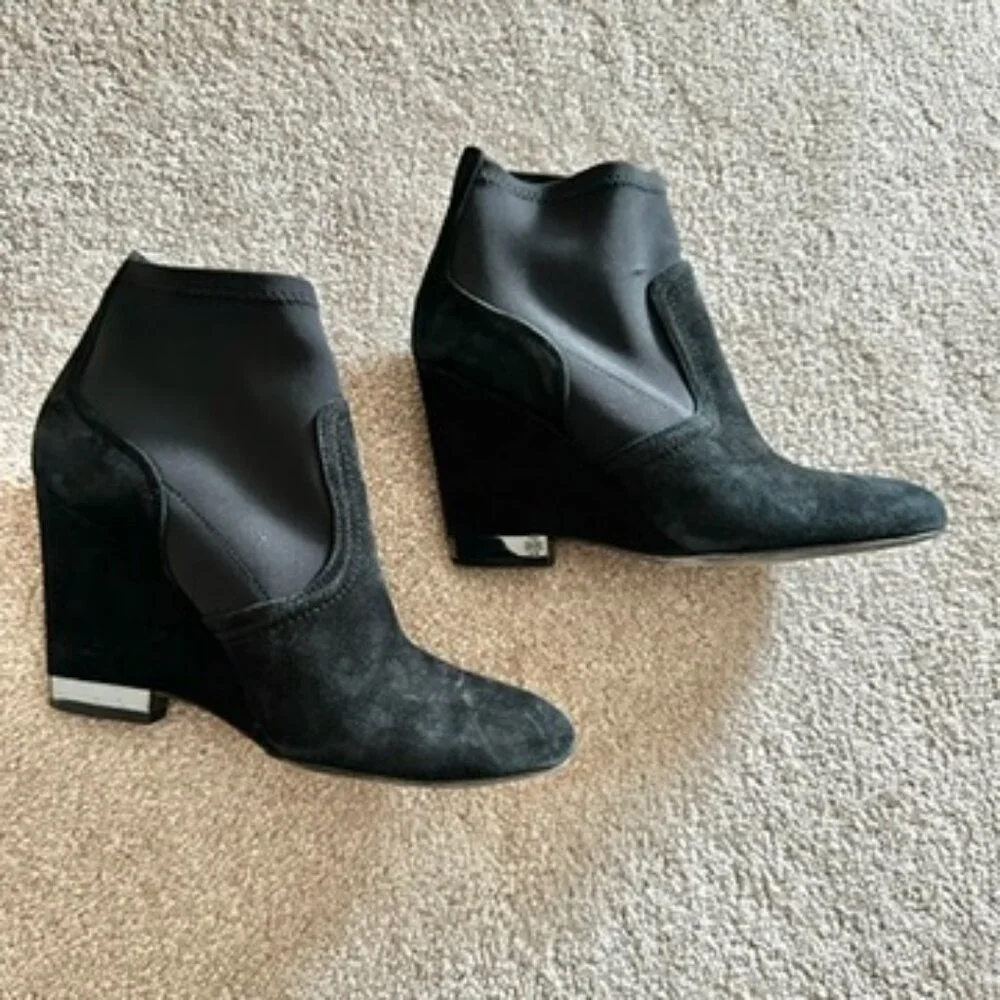 Tory Burch Brenda Suede Stretch Sock Wedge Booties Black Silver 8.5
